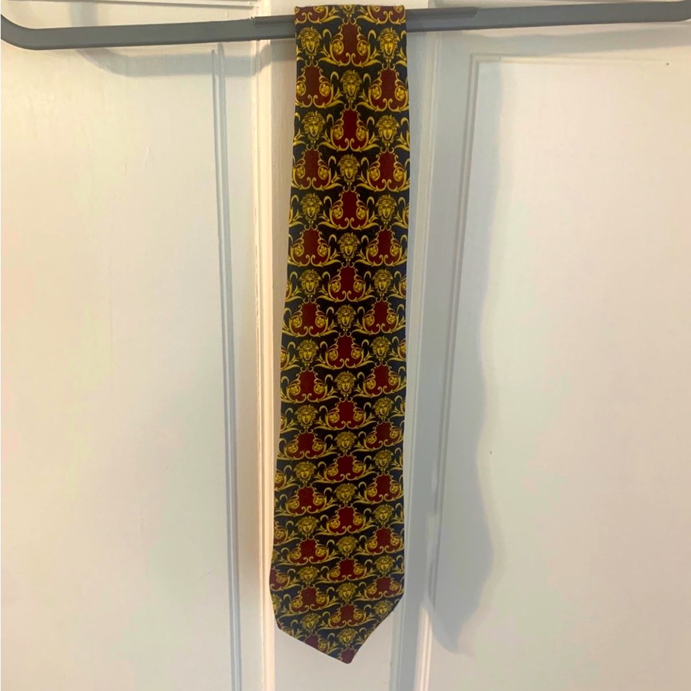 Vintage Versace Burgundy Navy Gold Baroque Medusa Head Wide Silk Neck Tie